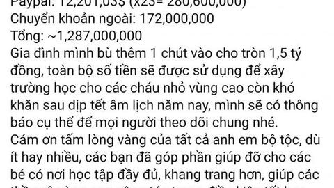 Tiền nhiều để làm gì: Streamer Độ Mixi dùng hết 1,5 tỷ đồng “donate” tháng 12 đi xây trường cho trẻ vùng cao