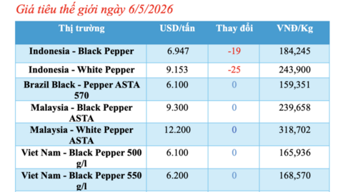 Giá tiêu hôm nay 6/5/2026: Tiếp tục neo cao
