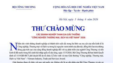 Thứ trưởng Nguyễn Sinh Nhật Tân gửi thư chào mừng doanh nghiệp tham gia Giải thưởng Công nghiệp, Thương mại, Dịch vụ Việt Nam