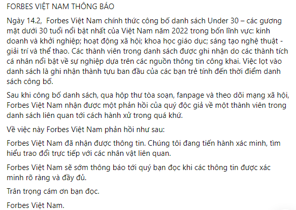 Nguyên văn thông báo của Forbes Việt Nam.