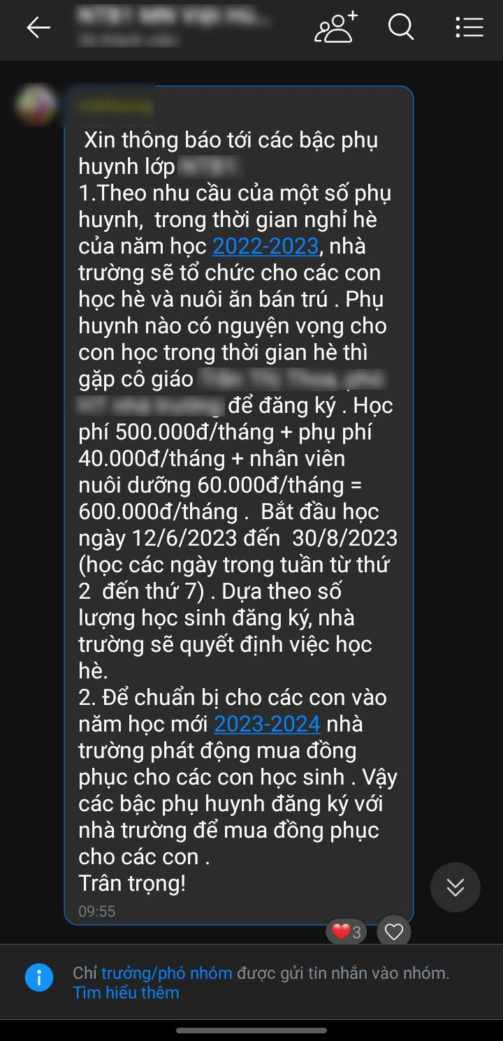 Số tiền Nhà trường thông báo cho gia đình chị Thúy khi cho con đi học hè tăng cao hơn các năm trước. Ảnh: Nhân vật cung cấp.