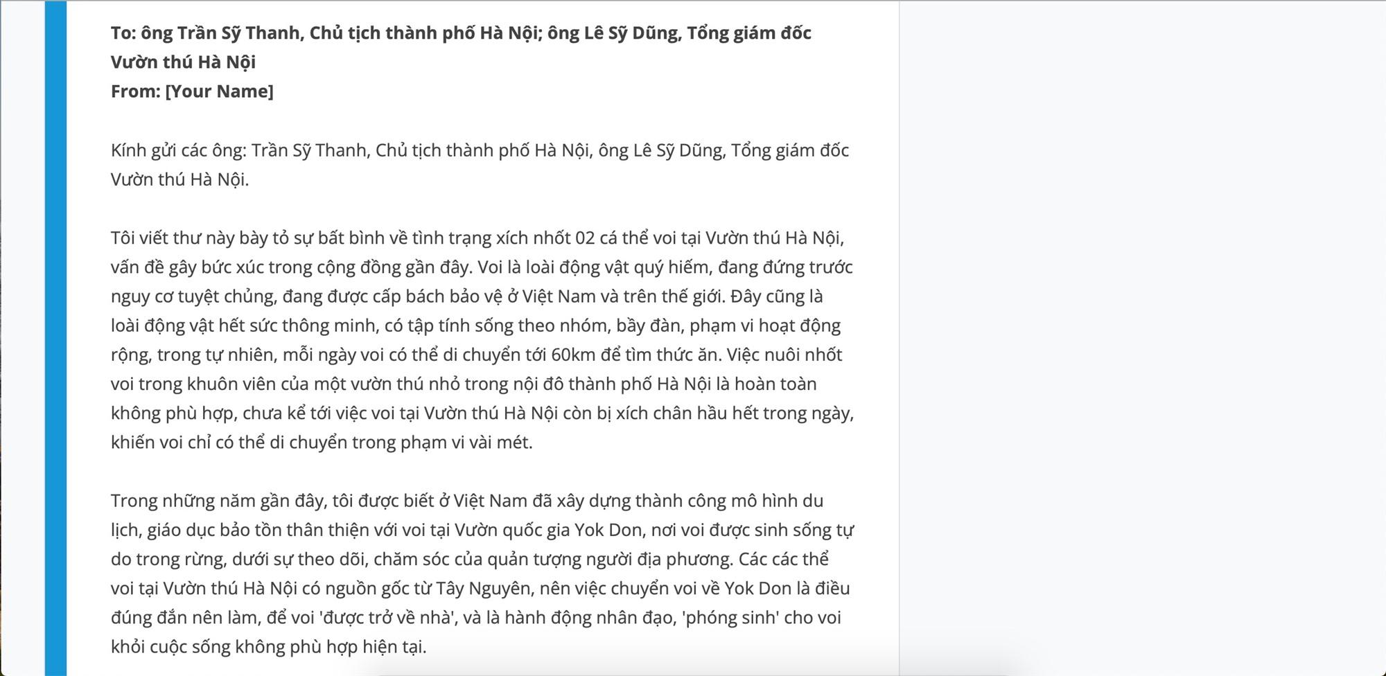 Nội dung bức thư kiến nghị thả voi vườn thú Hà Nội về tự nhiên. Ảnh: Vĩnh Hoàng