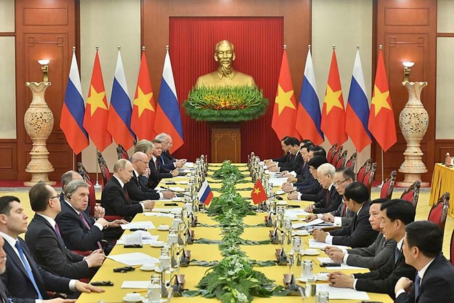 Tổng Bí thư Nguyễn Phú Trọng và Tổng thống Liên bang Nga Vladimir Putin hội đàm. Ảnh: Hải Nguyễn