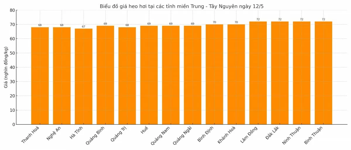 Biểu đồ giá heo hơi tại các tỉnh miền Trung - Tây Nguyên ngày 12/5.