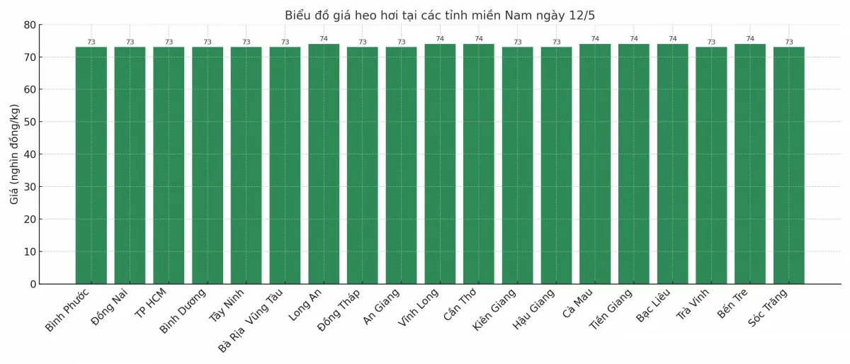 Biểu đồ giá heo hơi tại các tỉnh miền Nam ngày 12/5.