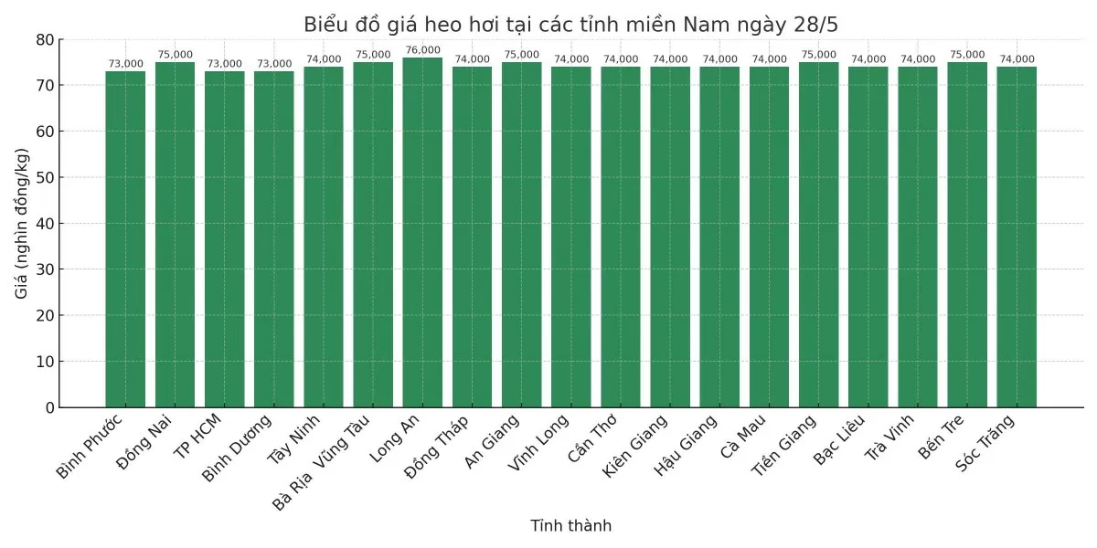 Biểu đồ giá heo hơi tại các tỉnh miền Nam ngày 28/5.