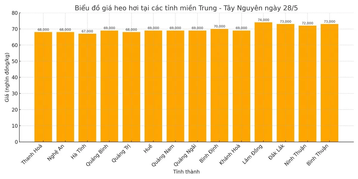 Biểu đồ giá heo hơi tại các tỉnh miền Trung - Tây Nguyên ngày 28/5.