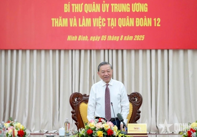 Tổng Bí thư Tô Lâm phát biểu tại buổi làm việc. Ảnh: QĐND