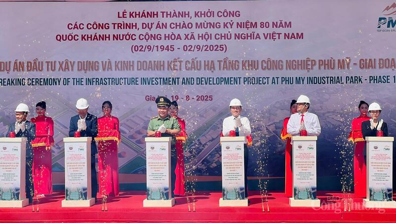 Các đại biểu nhấn nút khởi công dự án đầu tư xây dựng và kinh doanh kết cấu hạ tầng Khu công nghiệp Phù Mỹ giai đoạn 1