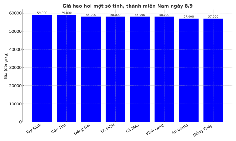 Biểu đồ giá heo hơi một số tỉnh, thành miền Nam ngày 8/9.