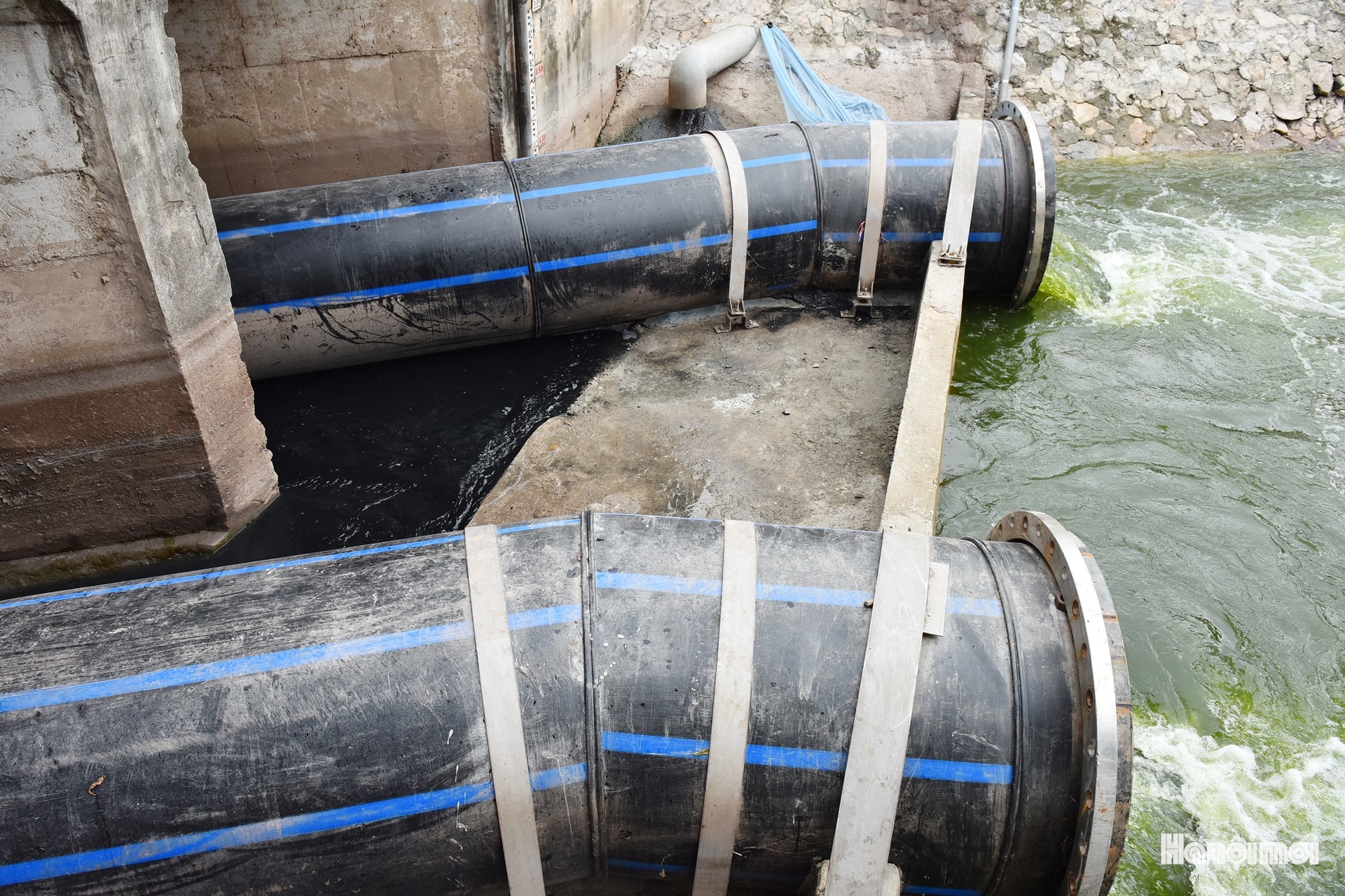 Bên cạnh mảng nước tù đọng đen ngòm, dòng nước mới trong xanh tạo nên sự đối lập rõ rệt.