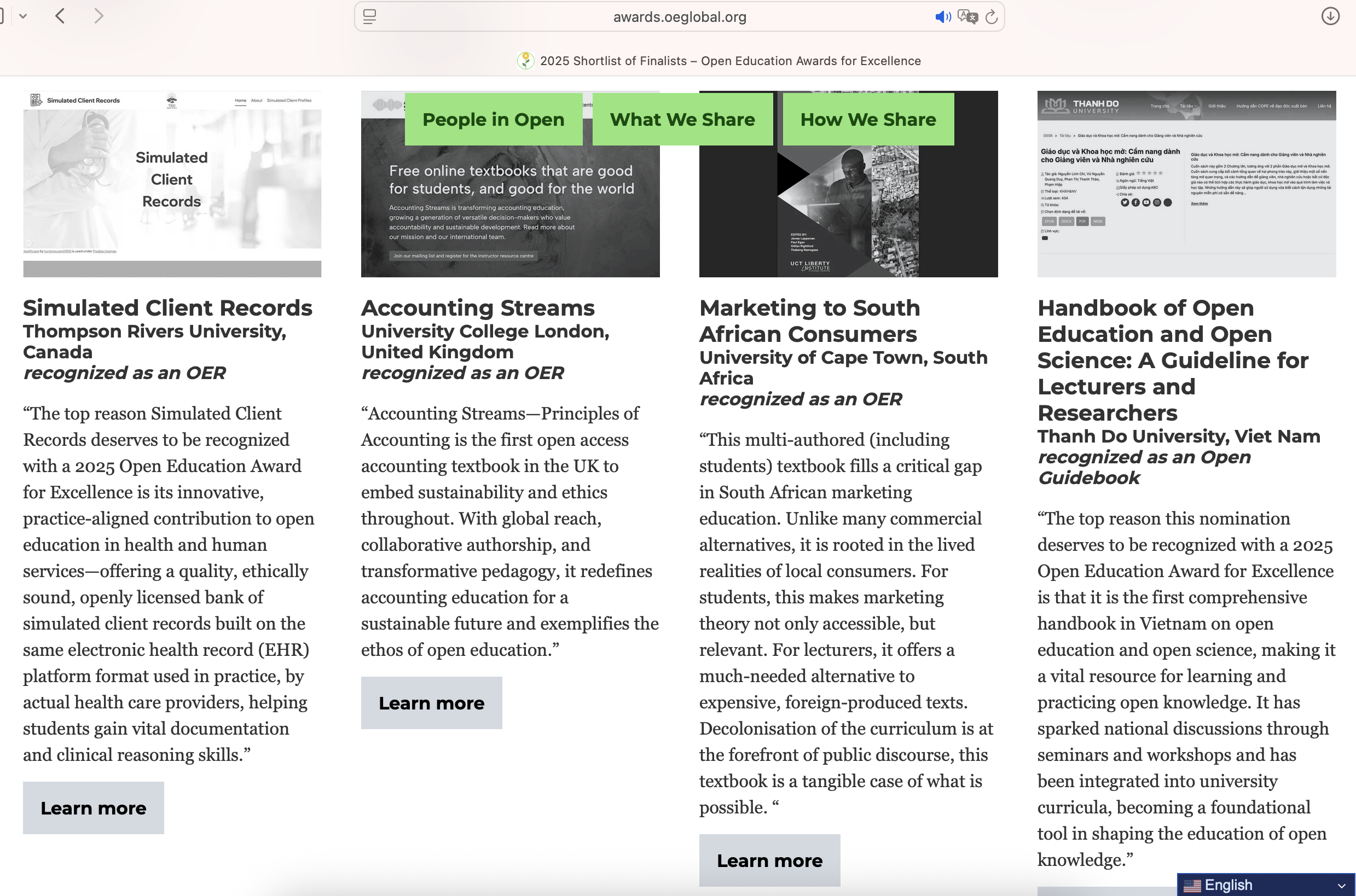 Ảnh chụp màn hình cuốn “Giáo dục và Khoa học mở: Cẩm nang cho Giảng viên và Nhà nghiên cứu” trên danh sách rút gọn của OEAwards 2025
