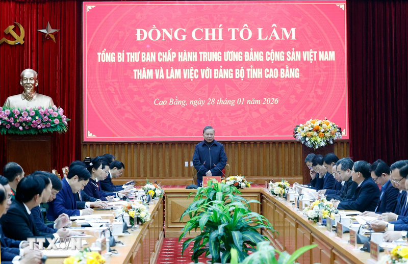 Tổng Bí thư Tô Lâm phát biểu tại buổi làm việc với Ban Chấp hành Đảng bộ tỉnh Cao Bằng. Ảnh: Thống Nhất/TTXVN