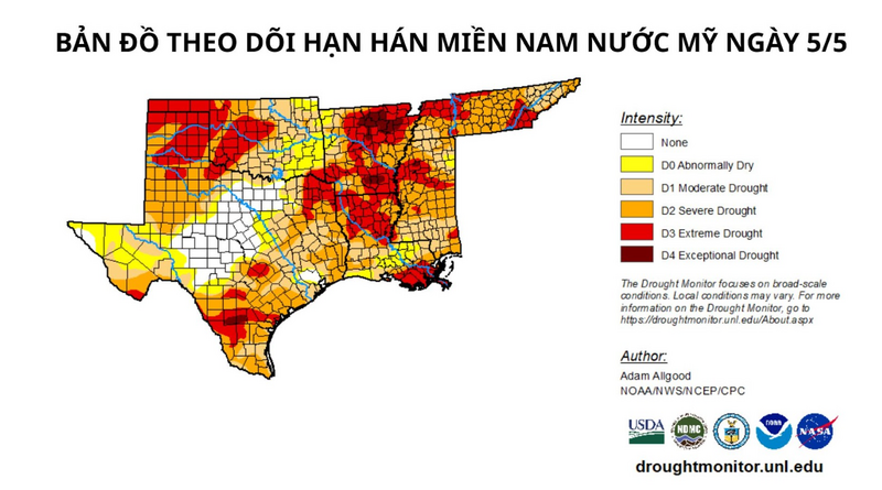 Bản đồ theo dõi hạn hán miền Nam nước Mỹ ngày 5/5. Nguồn: MXV
