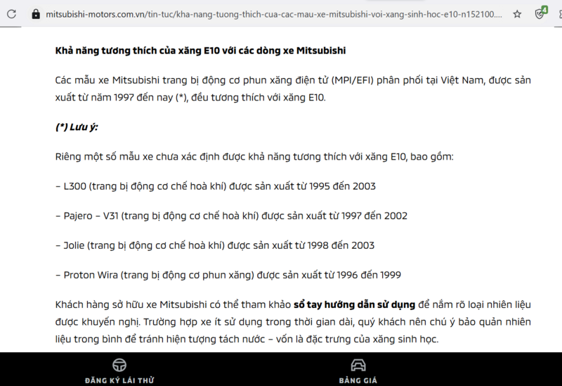 Thông báo đăng trên website của Mitsubishi Việt Nam về các dòng xe tương thích xăng E10. Ảnh chụp màn hình