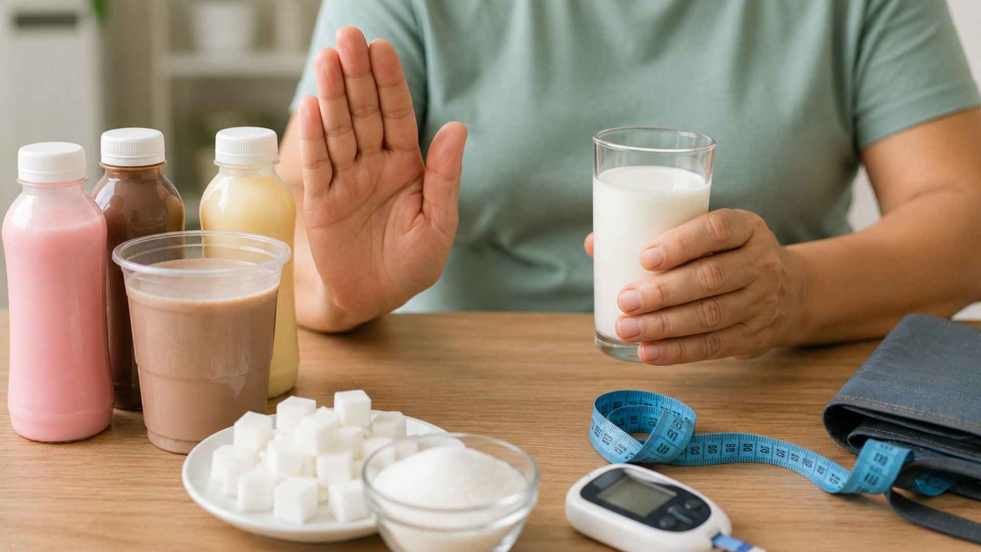 Sữa có hương vị và nhiều đồ uống từ sữa thường chứa lượng đường bổ sung cao, người trung niên và cao tuổi nên sử dụng có chừng mực. (Ảnh có sự hỗ trợ của AI)